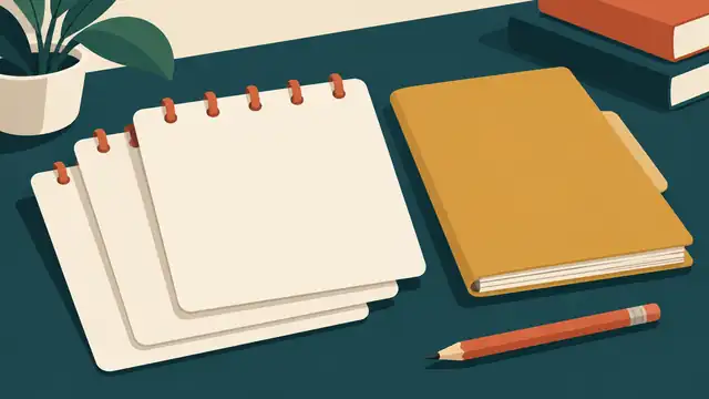 Tarihsiz boş takvim kartları, kapalı defter ve kalem.