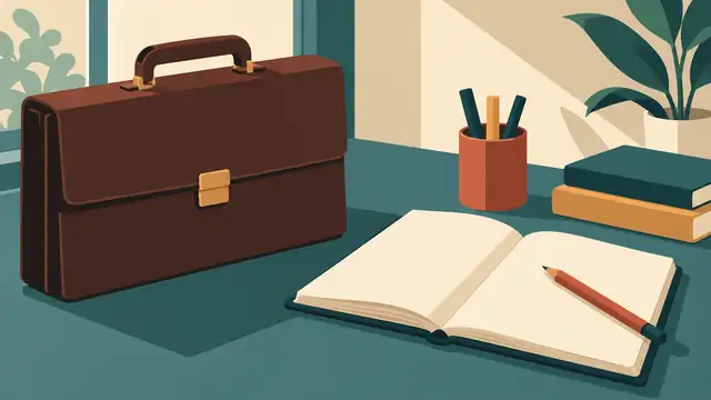 Kapalı iş çantası yanında yazısız açık defter ve kalem.