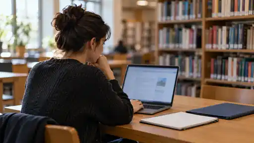 Kütüphanede bilgisayar ve notlarla başvuru koşullarını okuyan yetişkin üniversite öğrencisi.