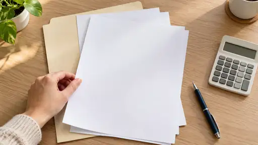 Boş kâğıtlar, dosya ve hesap makinesiyle harç ödeme belgesini hazırlamayı temsil eden masa.