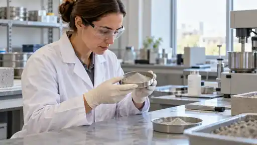 Koruyucu ekipmanlı teknisyenin çimento numunesini incelediği temsili laboratuvar.