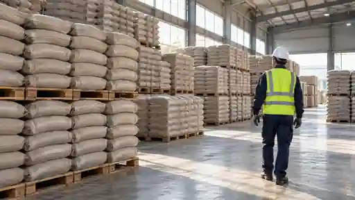 Düz ambalajlı çimento çuvallarının paletler üzerinde yer aldığı temsili sevkiyat deposu.