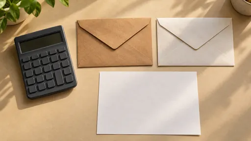 Yazısız hesap makinesi, iki ayrı zarf ve boş kâğıttan oluşan masa düzeni.