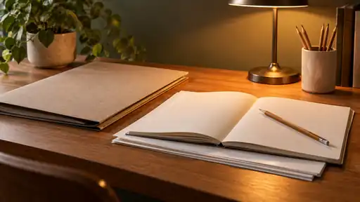 Klasör, boş çalışma sayfaları ve kalemin bulunduğu ekransız çalışma masası.