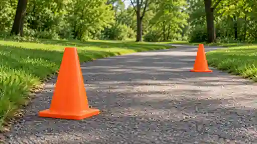Ağaçlık park yolunda birbirinden ayrı duran iki turuncu koni.