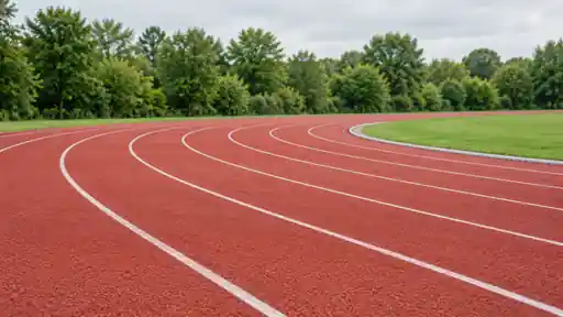 Beyaz kulvar çizgileri kıvrılan boş kırmızı koşu pisti.