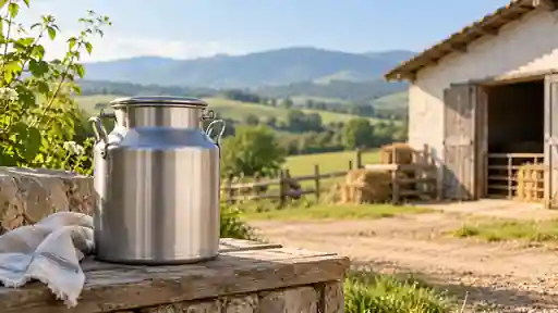Kırsal bir çiftlik avlusunda sade bir süt taşıma kabı ve temiz çalışma alanı.
