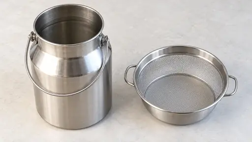 Temiz bir yüzey üzerinde markasız metal süt bakracı ve süt süzgeci.