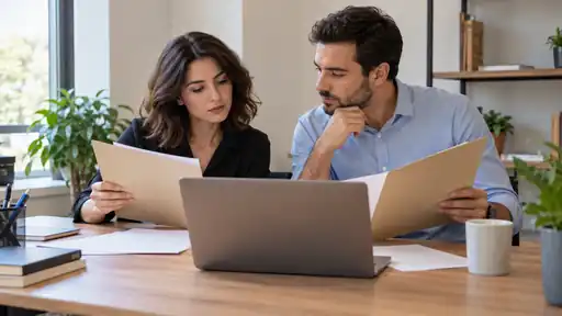 Sade bir ofiste dosyalar ve dizüstü bilgisayar önünde veri inceleyen iki yetişkin.