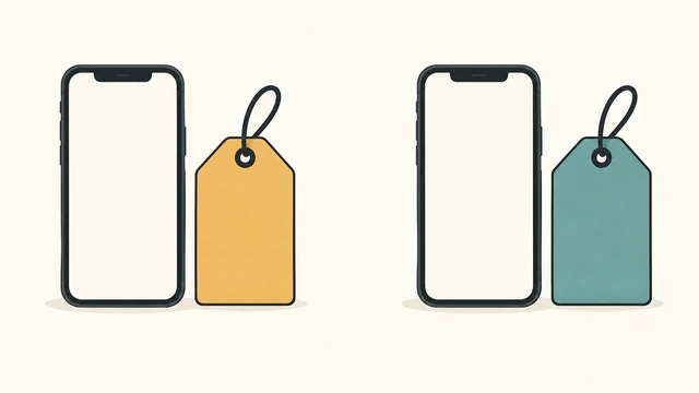 Aralarında boşluk bulunan iki markasız telefon ve yazısız fiyat etiketleri.