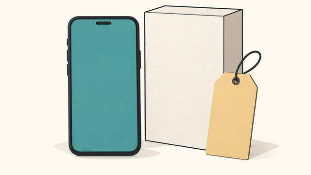 Yazısız kutu ve boş fiyat etiketi yanında markasız telefon illüstrasyonu.