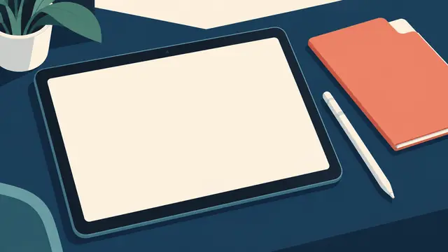 Boş ekranlı markasız tablet, dijital kalem ve kapalı yazısız klasör.