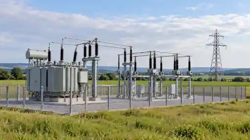 Kurgusal bir elektrik tesisinde şalt ekipmanı ve uzaktaki iletim hattı.