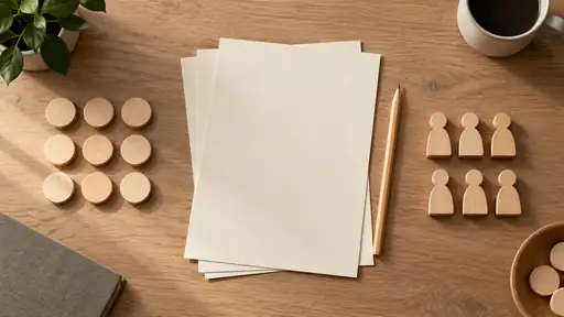 Boş kâğıtlar, kalem ve düzenli ahşap işaretleyicilerin bulunduğu sade çalışma masası.